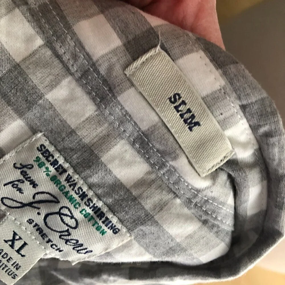 J. Crew Secret Wash Slim Fit Gray White Check Shirt XL Organic Cotton Preppy NWT